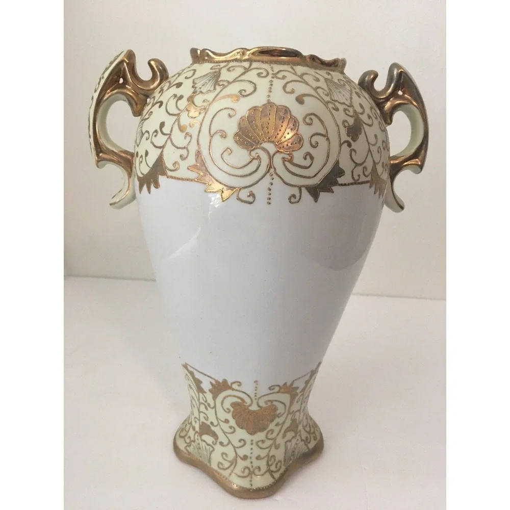 Antique Gilded Vase Urn Creamy White Gold Ornate Tall